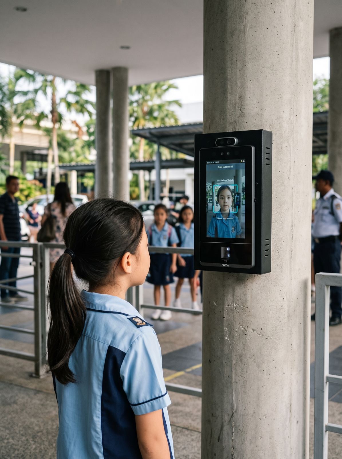 Student using a face scan attendance kiosk at the school entrance