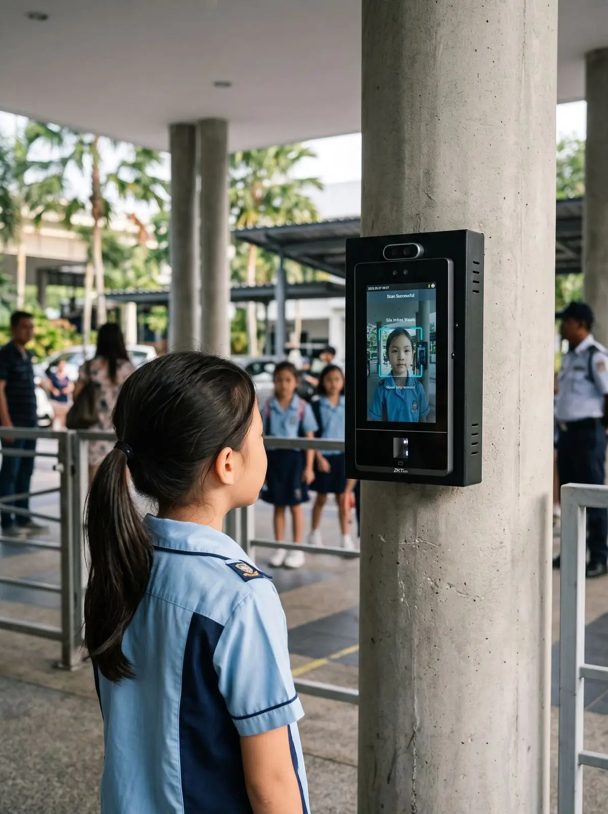 Student using a face scan attendance kiosk