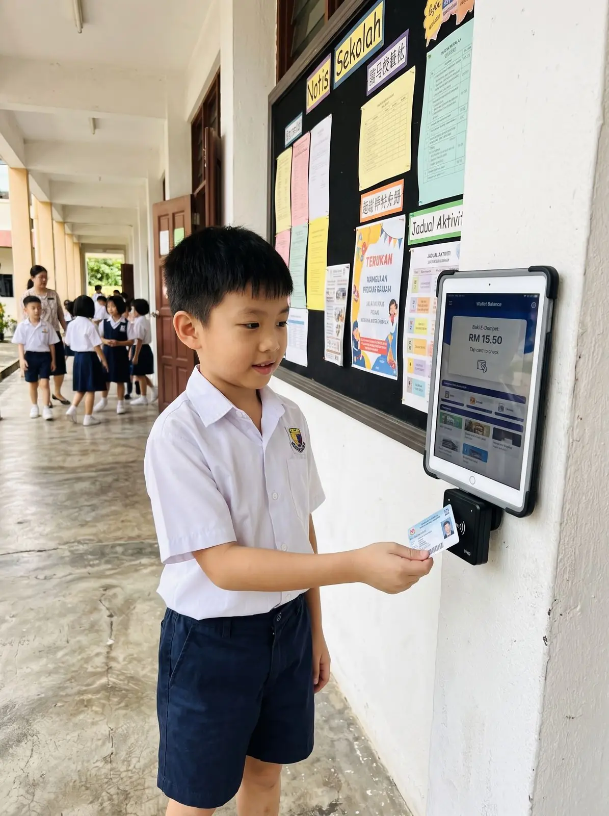 Student tapping a card on a wall mounted balance checker kiosk