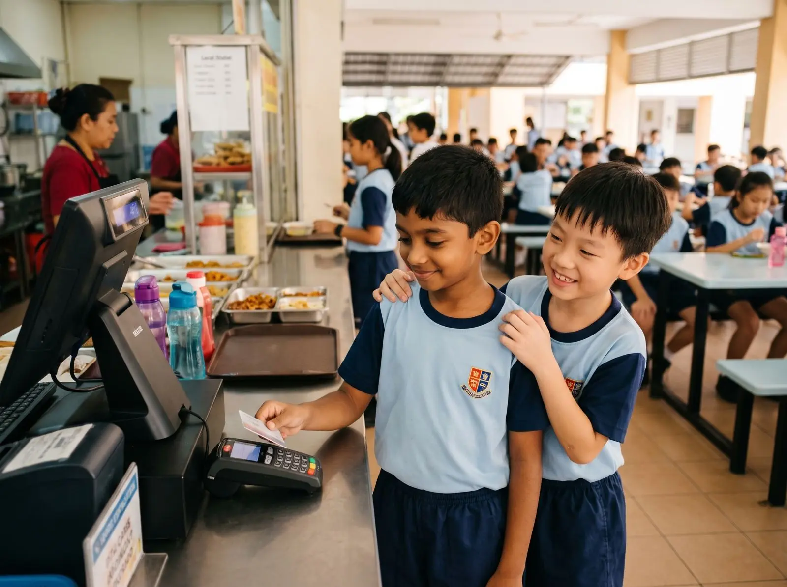 Students paying at the school canteen with a student card