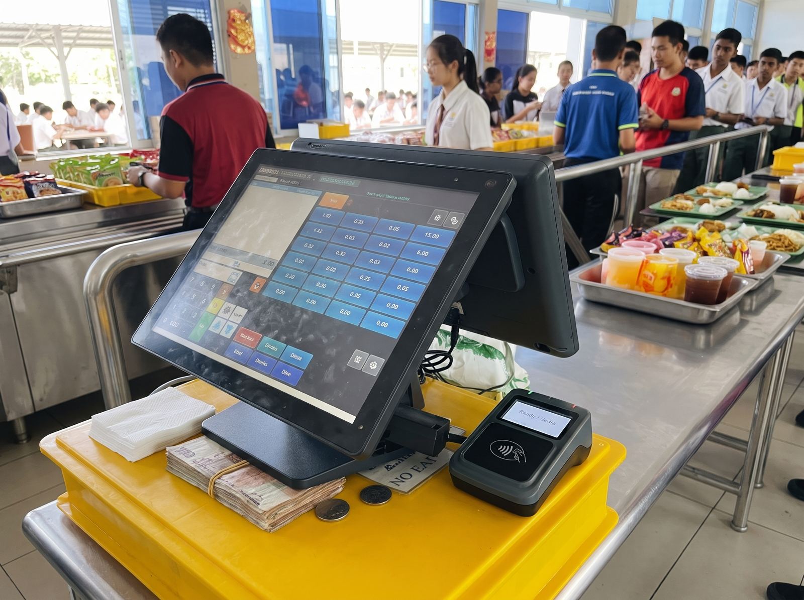 Canteen POS terminal with card reader at a school stall