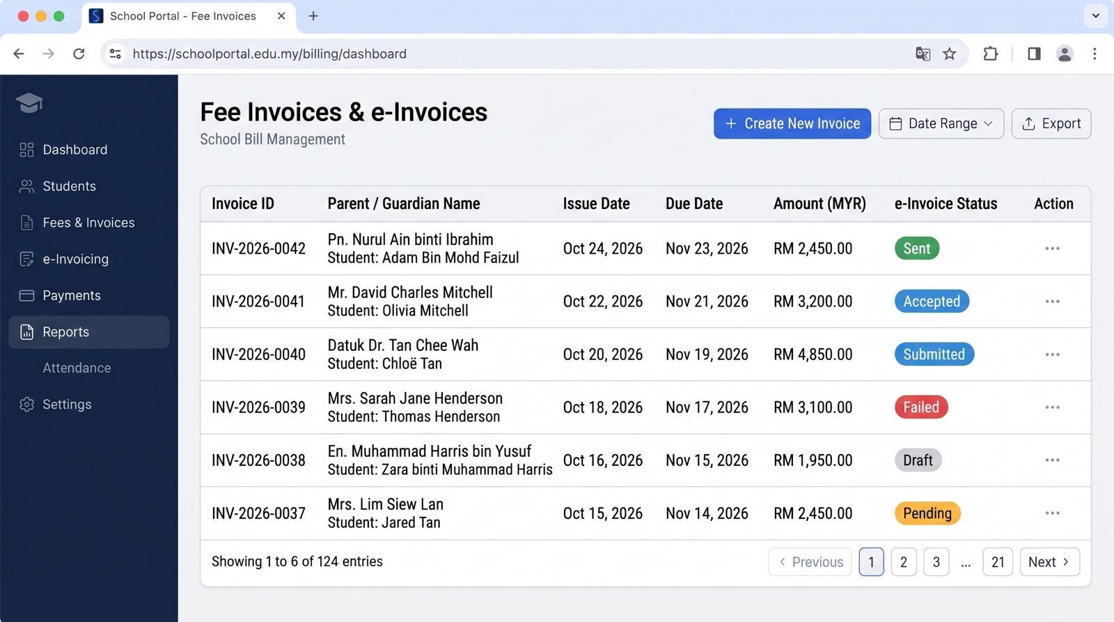 Fee invoices list showing amount, due date and status for each parent