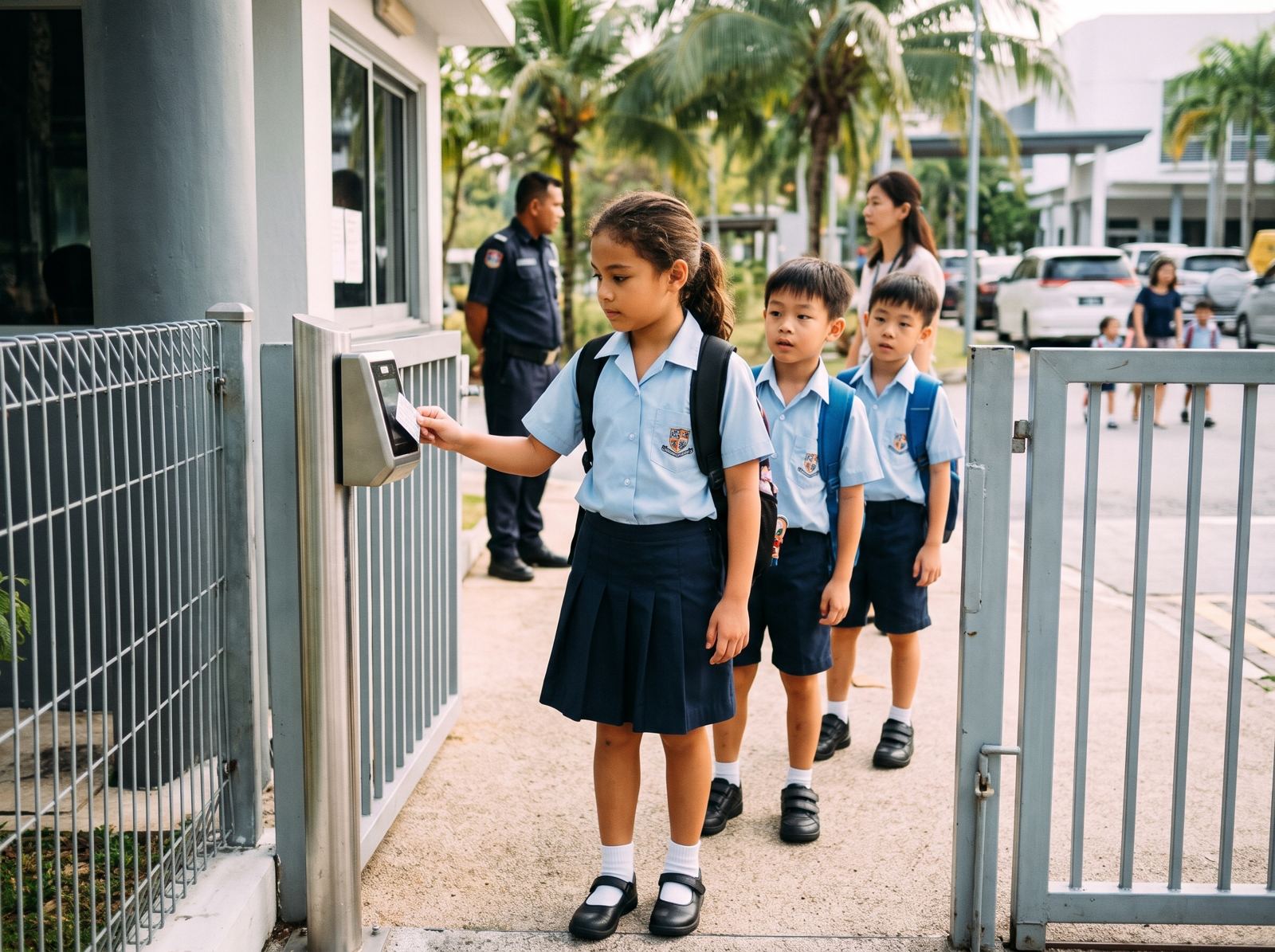 Student tapping her card at the school gate reader