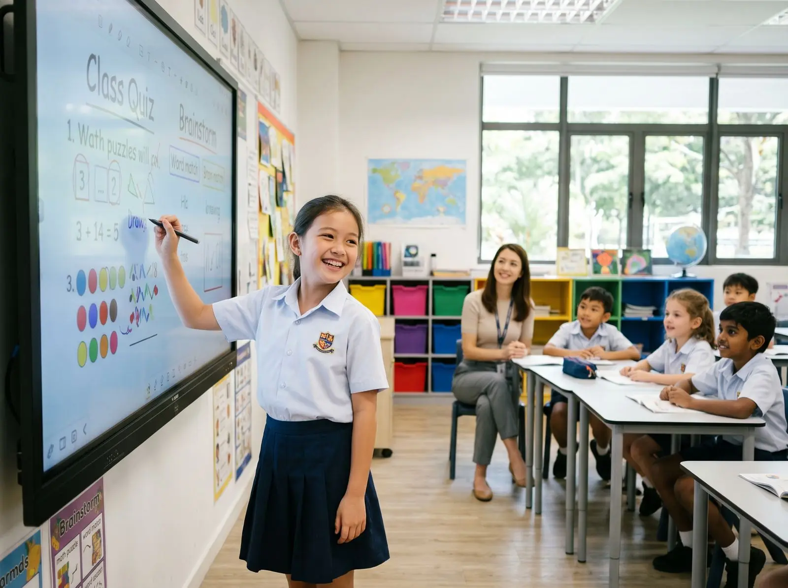 Student writing on an Interactive Smart Panel in class
