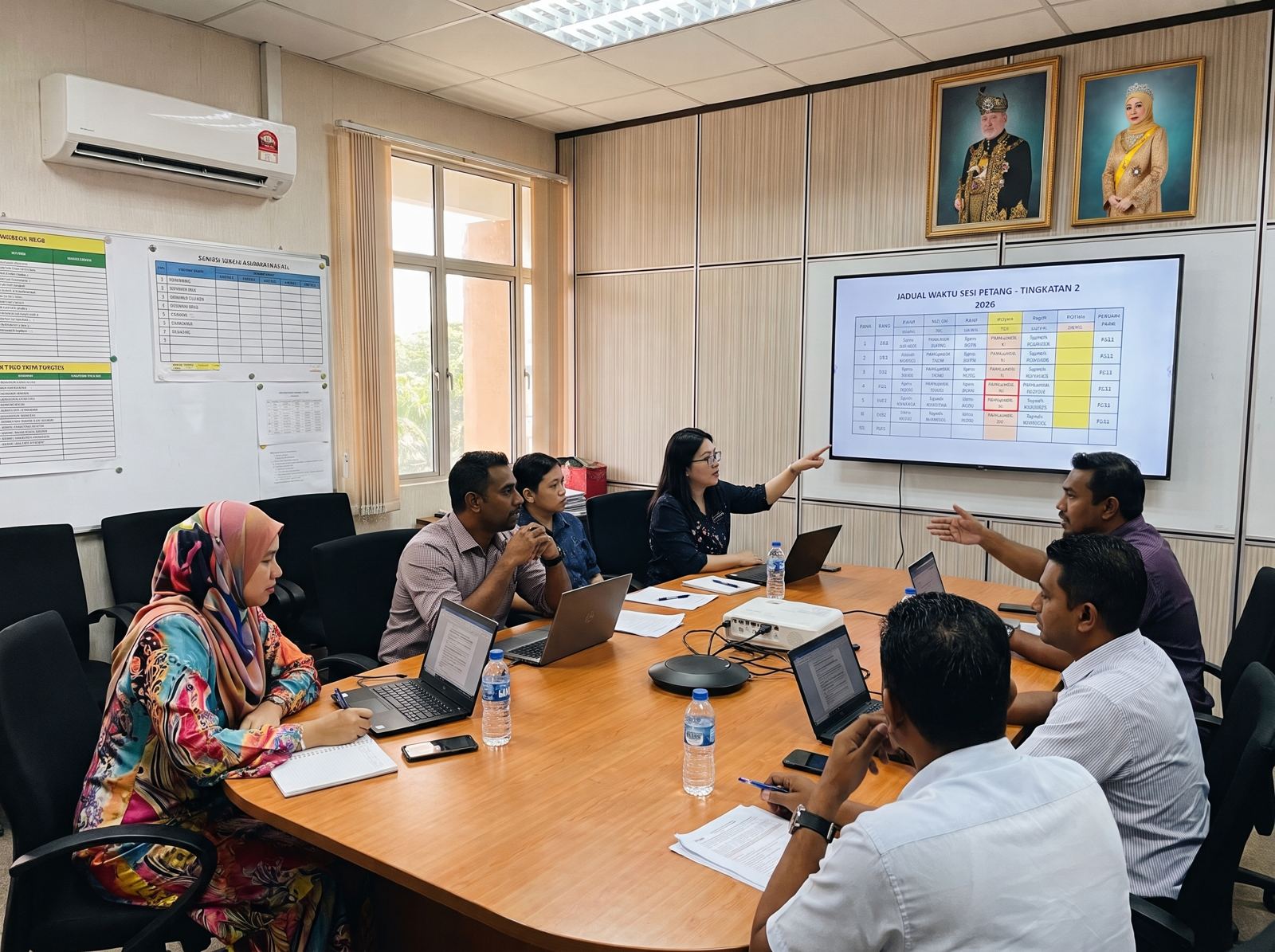 Staff meeting with a timetable shown on a wall-mounted panel