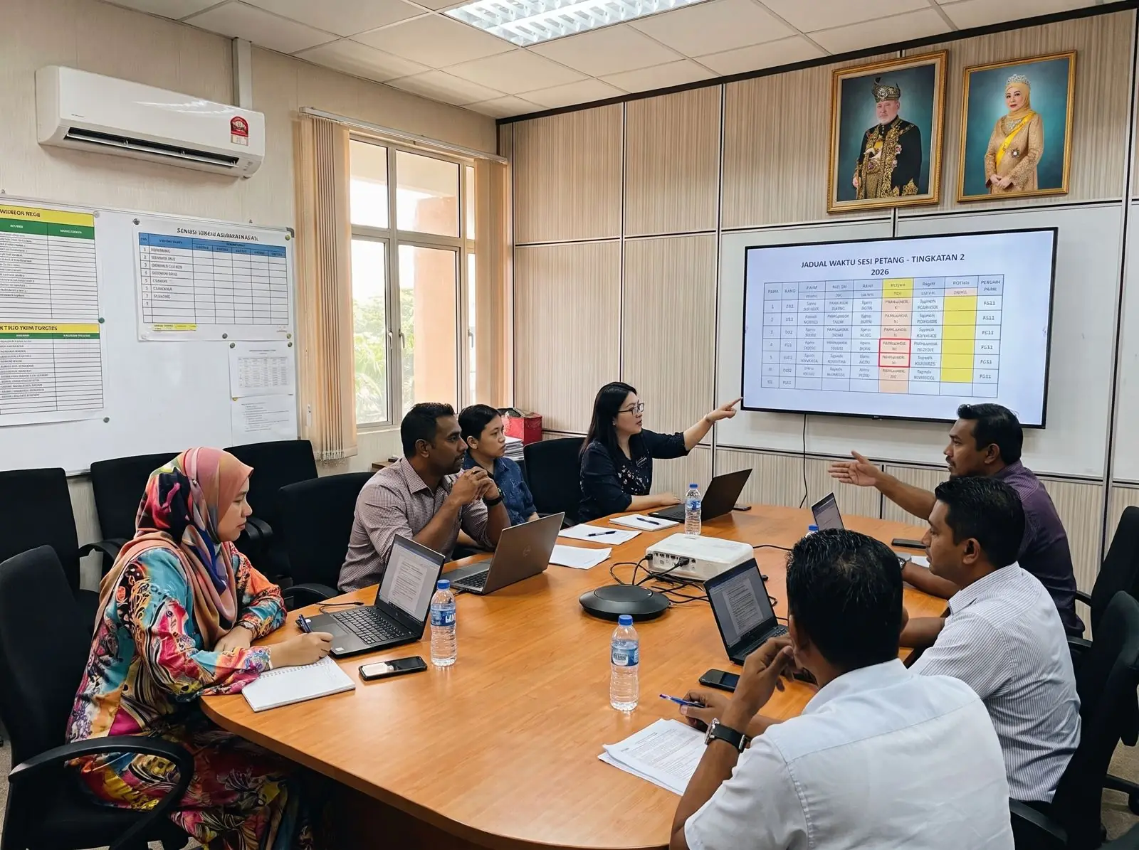 Staff meeting with a timetable shown on a wall-mounted panel
