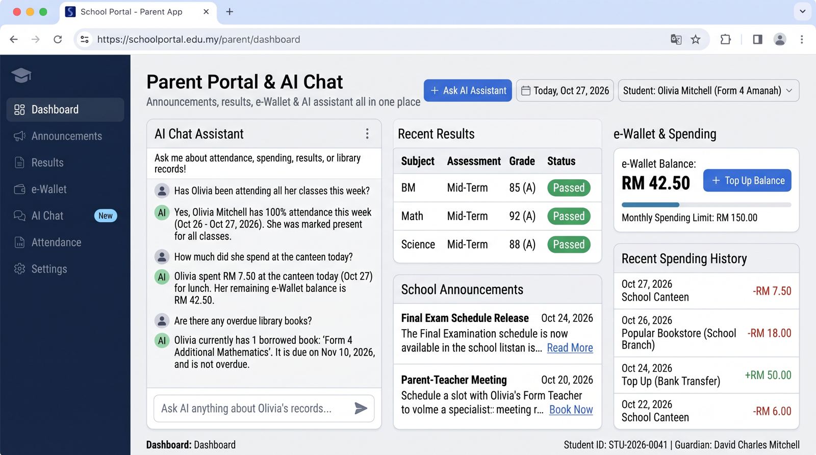 Parent app showing school announcements, results and e wallet balance