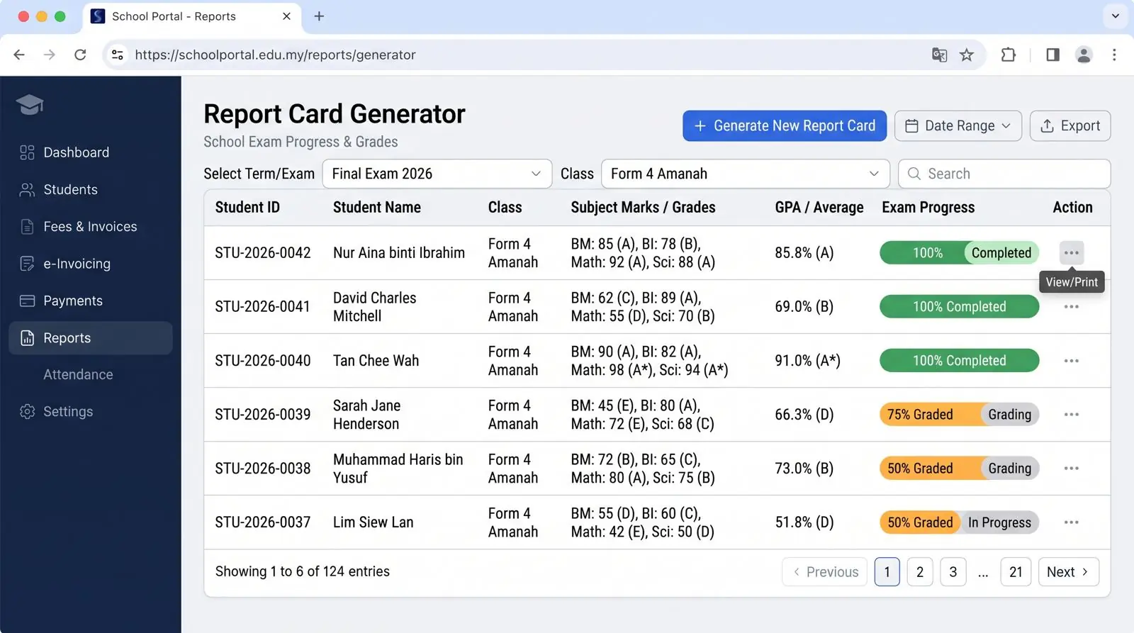 Report card generator screen