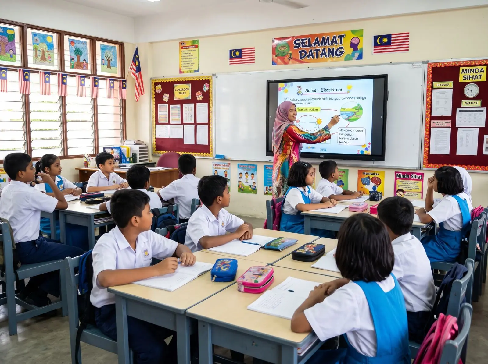 Teacher using an Interactive Smart Panel in a Malaysian classroom