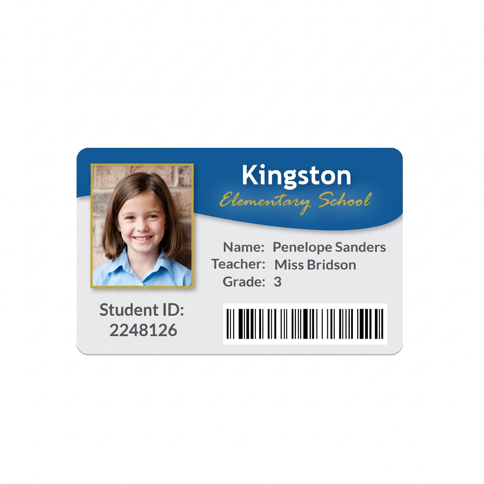 Printed student ID card with photo and barcode