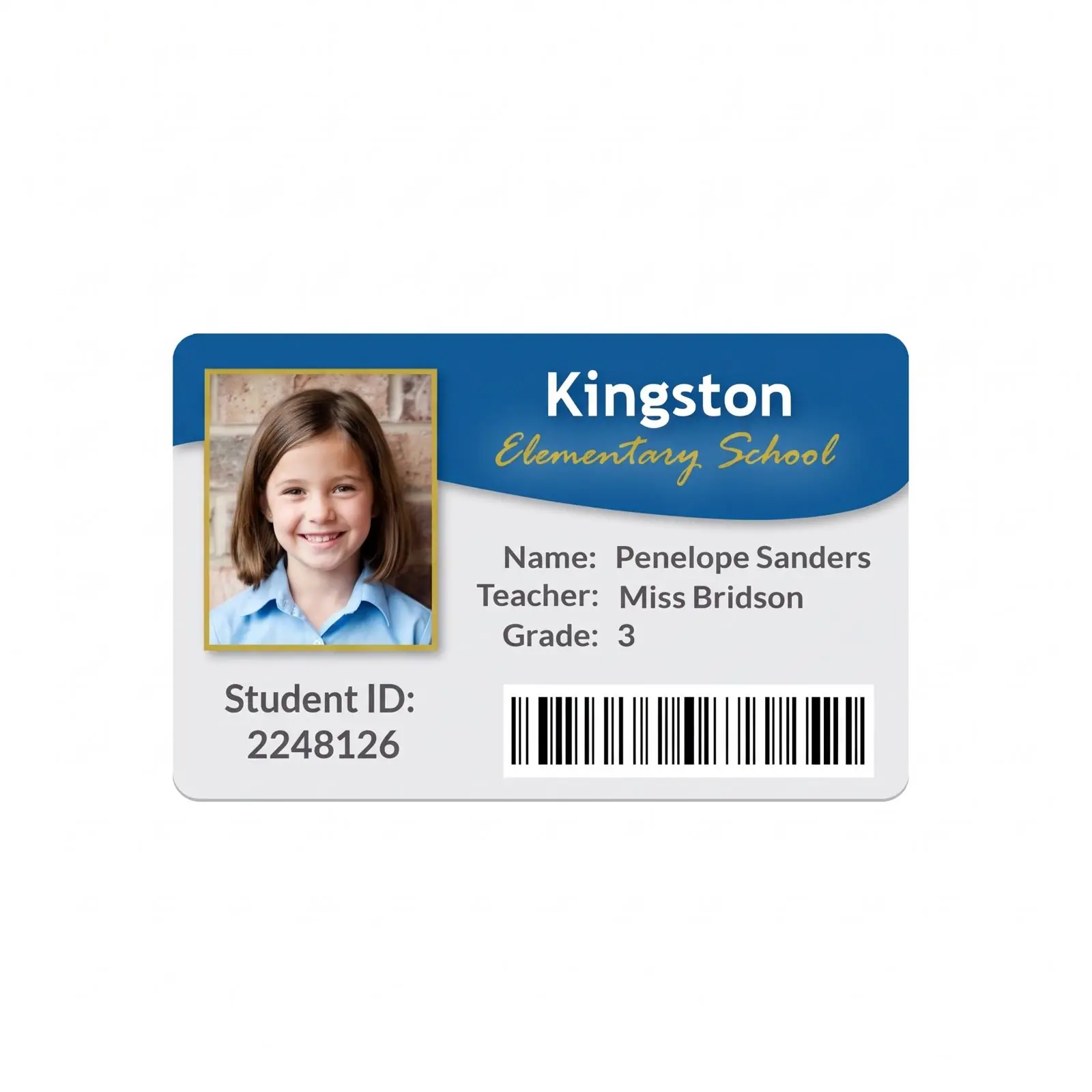 Printed student ID card with photo and barcode